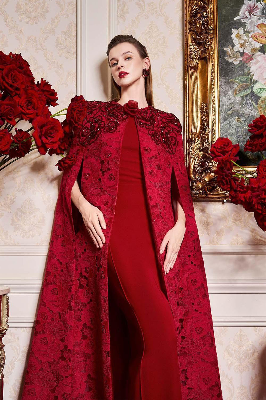 Vada Sheath Cape Sleeved Lace Floor Length Dress Gown Dress I.H.F Atelier
