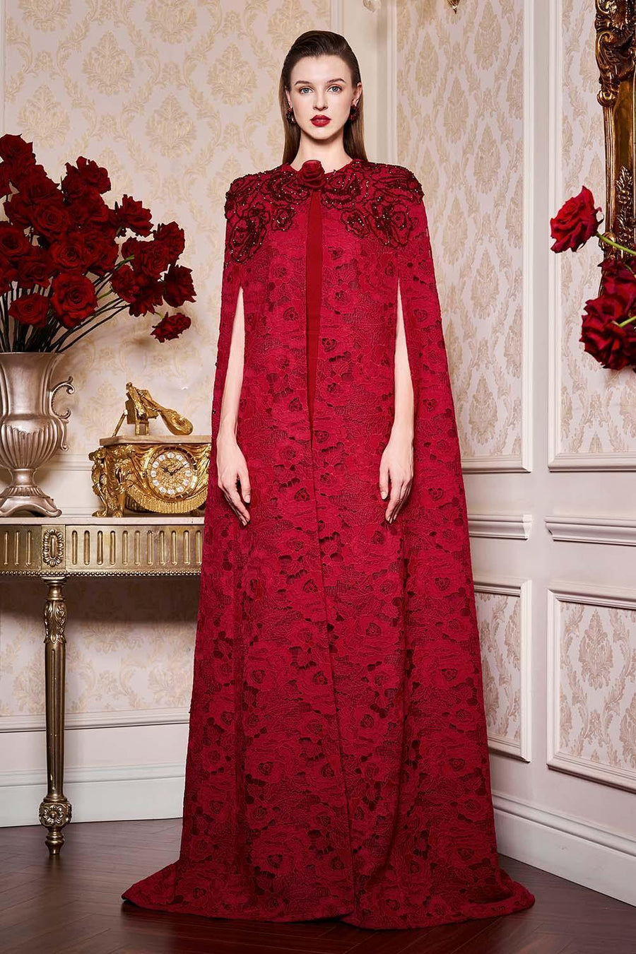 Vada Sheath Cape Sleeved Lace Floor Length Dress Gown Dress I.H.F Atelier