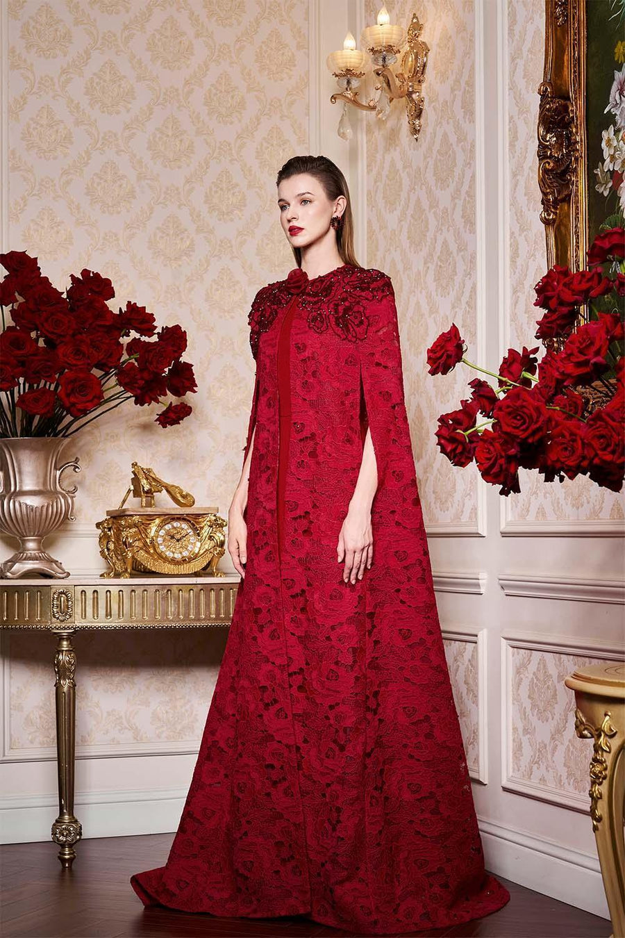 Vada Sheath Cape Sleeved Lace Floor Length Dress Gown Dress I.H.F Atelier