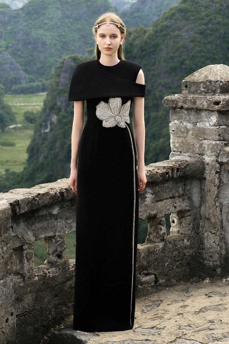 Valeria A-line Asymmetric Shoulder Velvet Floor Length Set 1