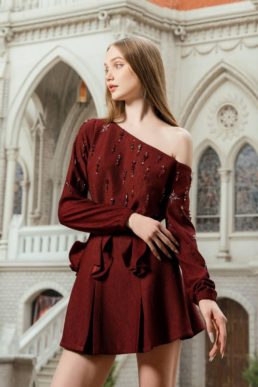 Varis Straight Asymmetric Sleeved Ribbed Velvet Top Long Sleeved Top Darling Diva