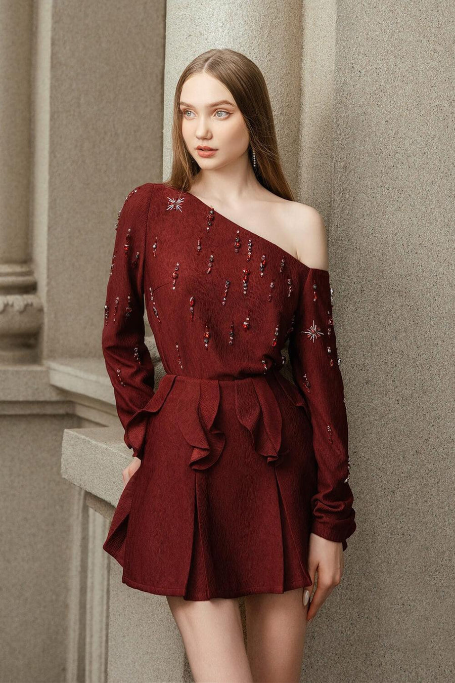 Varis Straight Asymmetric Sleeved Ribbed Velvet Top Long Sleeved Top Darling Diva