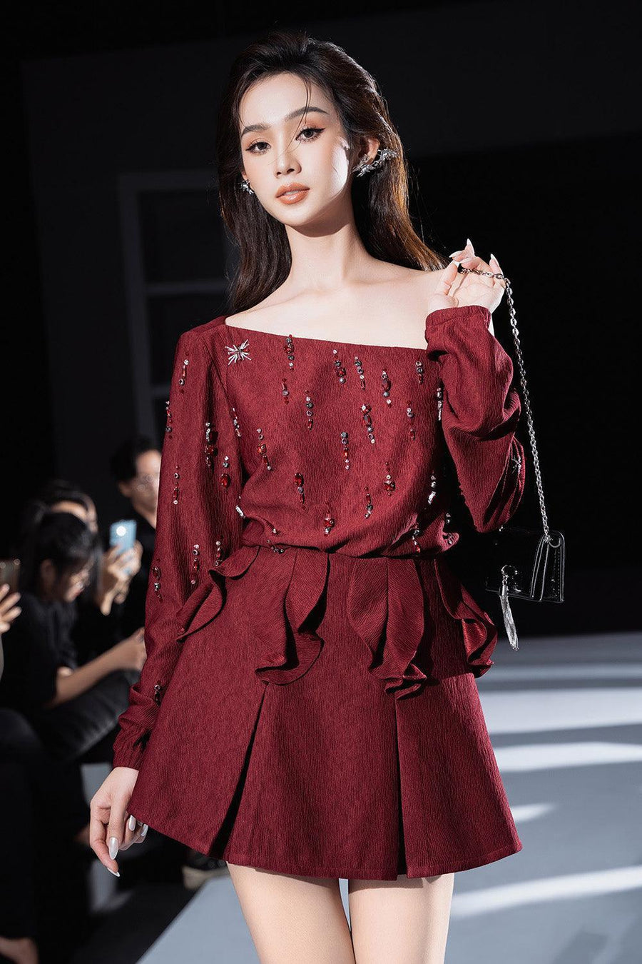 Varis Straight Asymmetric Sleeved Ribbed Velvet Top Long Sleeved Top Darling Diva