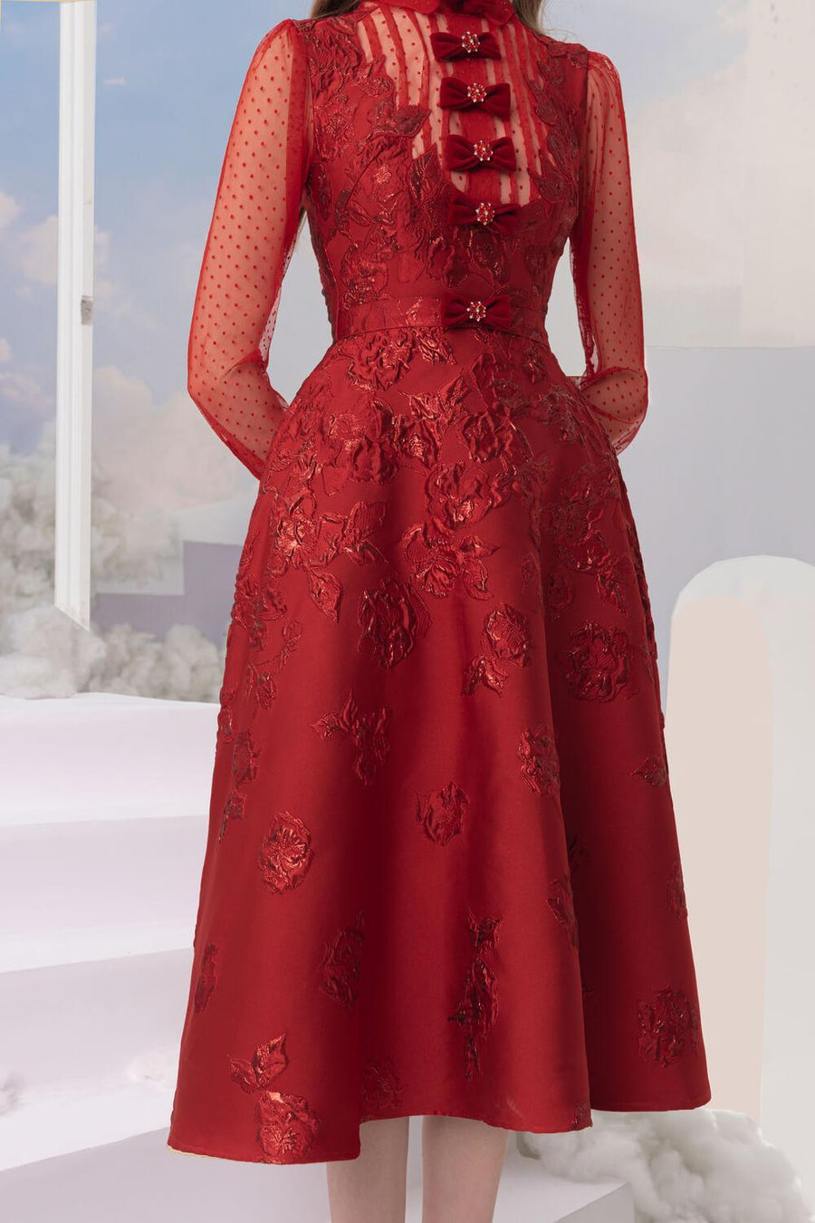 Velveta A-line Long Sleeved Brocade Midi Dress Midi Dress Rosee de Matin