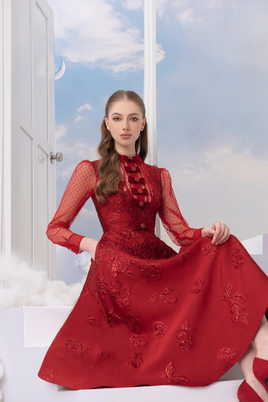 Velveta A-line Long Sleeved Brocade Midi Dress Midi Dress Rosee de Matin