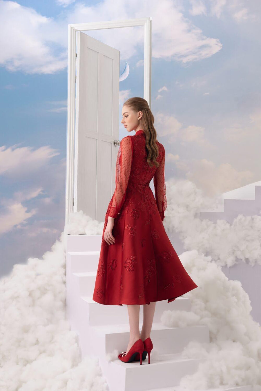 Velveta A-line Long Sleeved Brocade Midi Dress Midi Dress Rosee de Matin