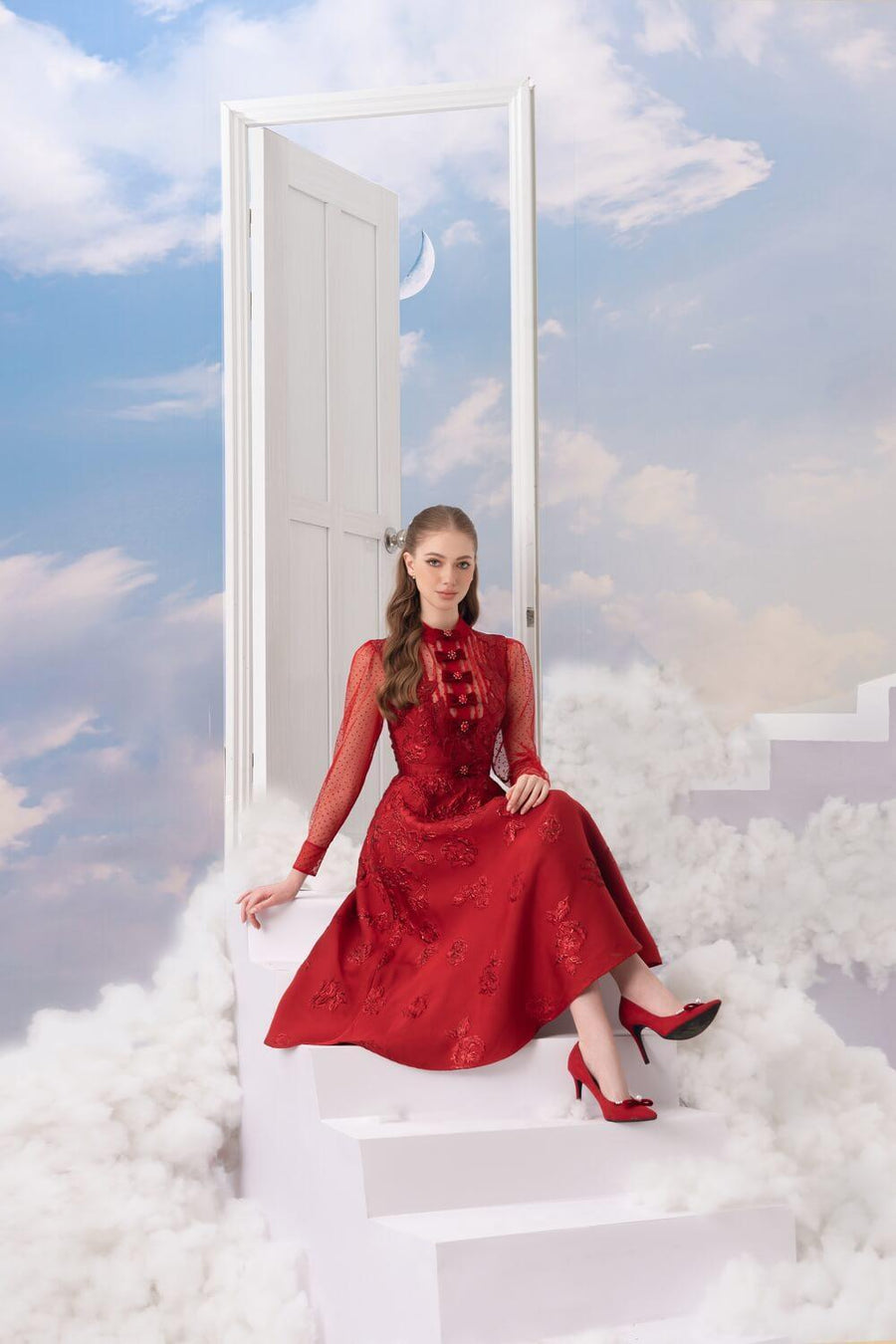 Velveta A-line Long Sleeved Brocade Midi Dress Midi Dress Rosee de Matin