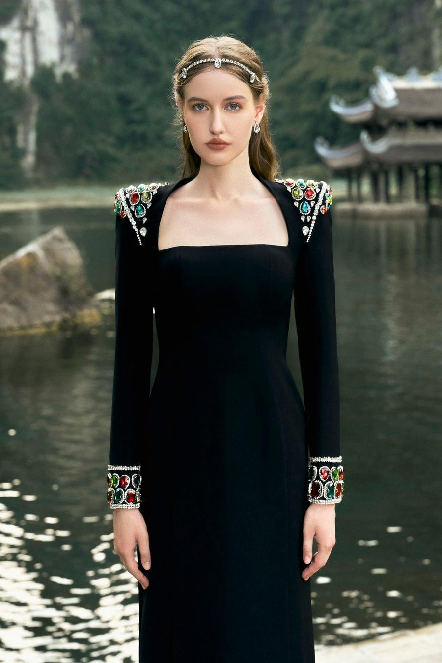 Venture Sheath Queen Anne Neck Velvet Floor Length Dress 3