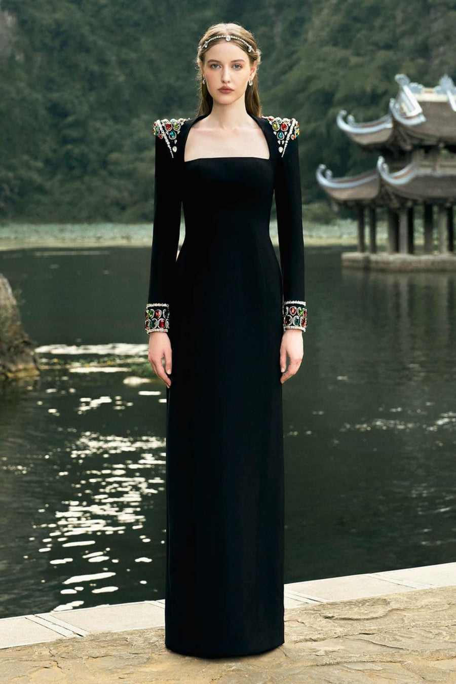 Venture Sheath Queen Anne Neck Velvet Floor Length Dress 7