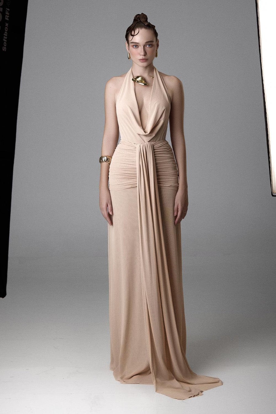 Venus Sarong Gathered Mesh Floor Length Dress 3