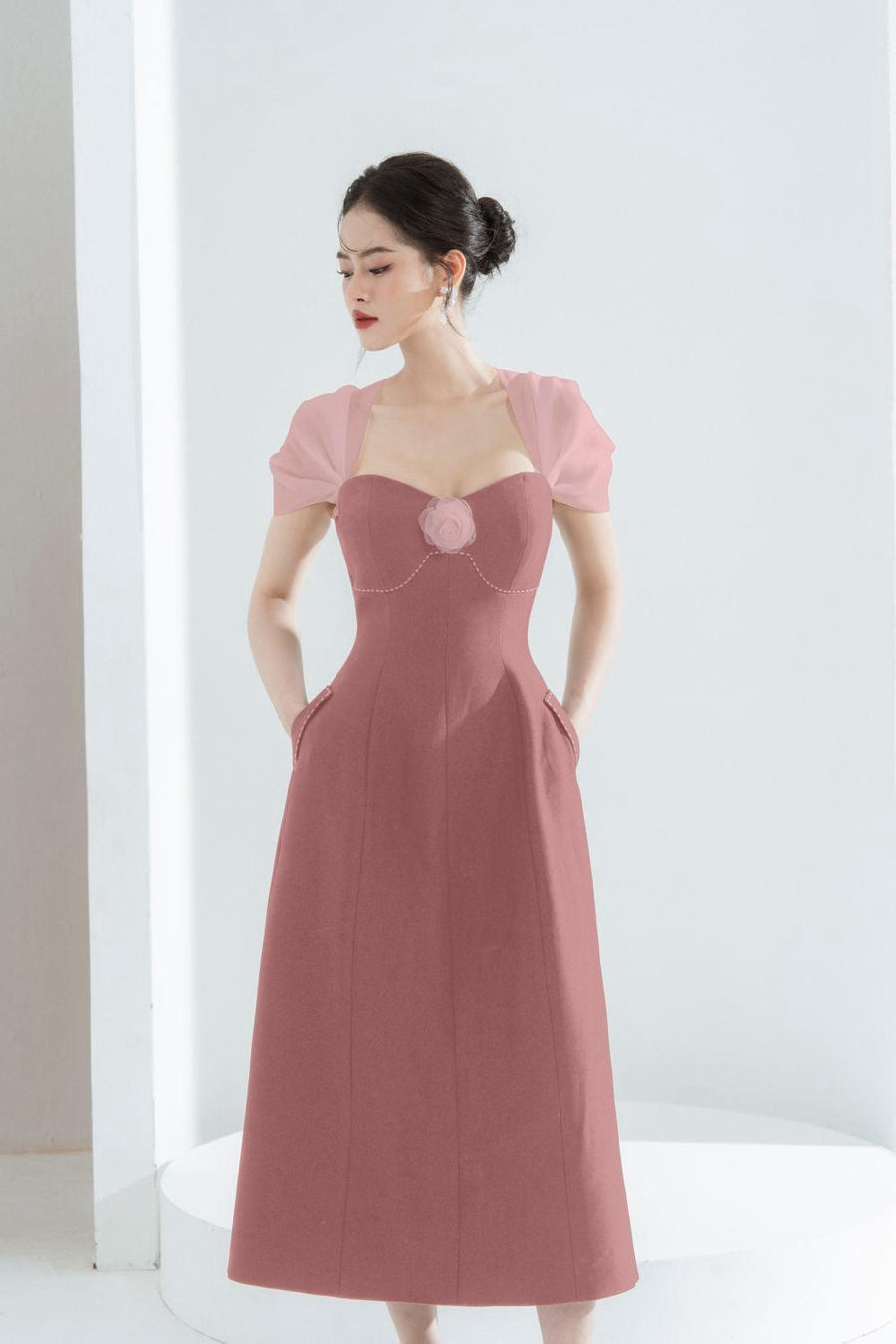 Vera A-line Semi-Heart Neck Polycotton Midi Dress Pink Midi Dress Cordia