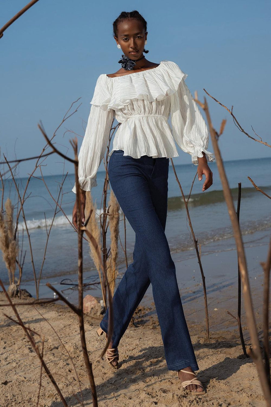 Veroa Fit and Flare Ruffled Cotton Silk Top White Long Sleeved Top Darling Diva