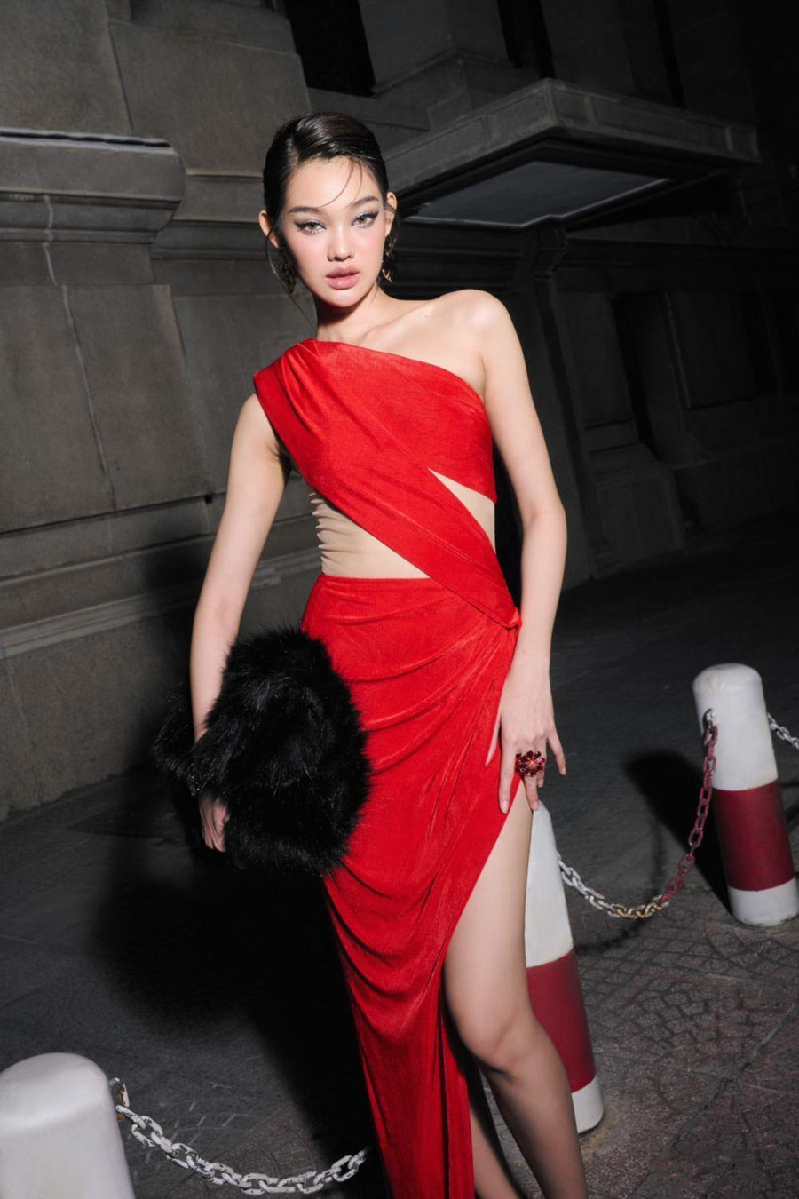 Veronica Asymmetric Slit Hem Mesh Spandex Floor Length Dress Red Maxi Dress LASSY