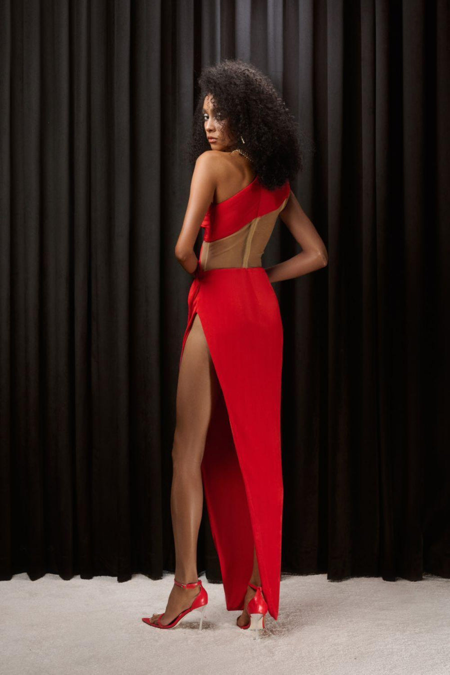 Veronica Asymmetric Slit Hem Mesh Spandex Floor Length Dress Maxi Dress LASSY