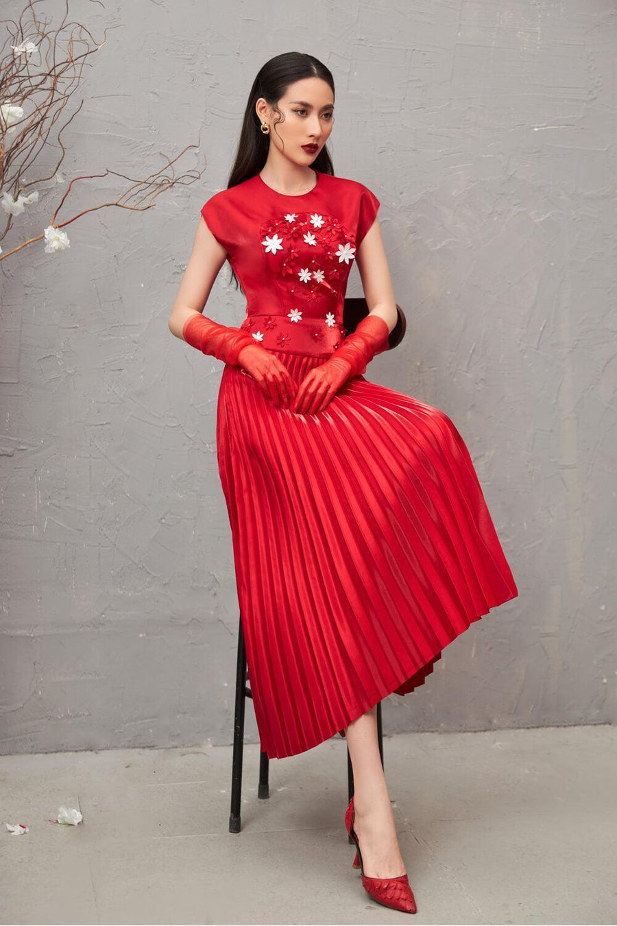 Veronica Pleated Round Neck Taffeta Midi Dress 5