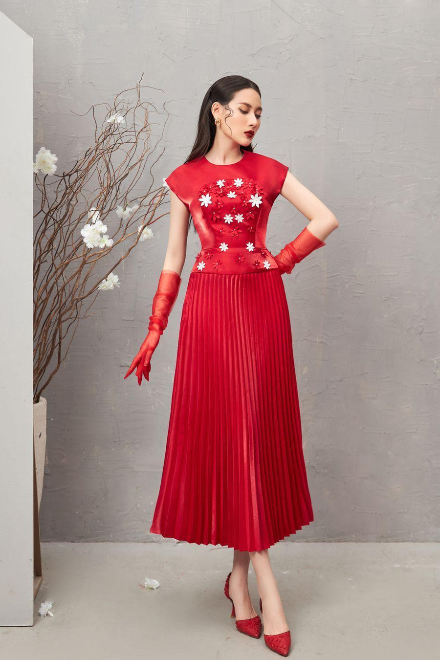 Veronica Pleated Round Neck Taffeta Midi Dress 7