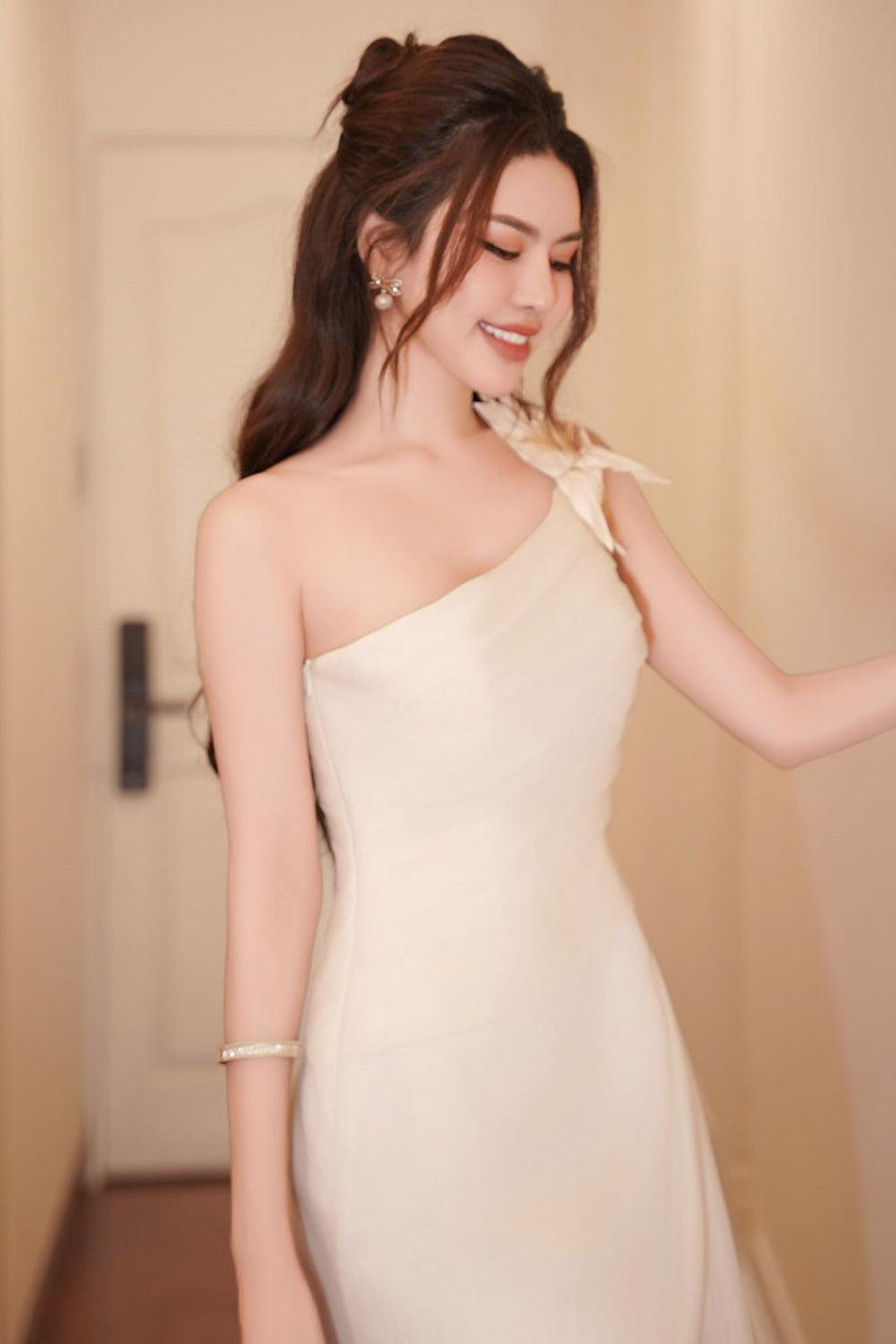 Vespera Slit One Shoulder Silk Calf Length Dress Midi Dress Calista de Minh Thanh