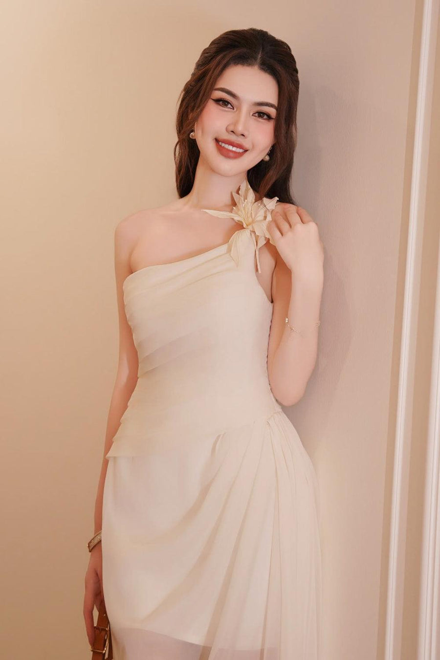 Vespera Slit One Shoulder Silk Calf Length Dress Midi Dress Calista de Minh Thanh
