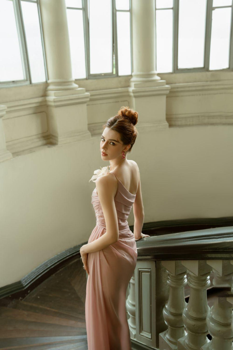 Vespera Slit One Shoulder Silk Calf Length Dress Midi Dress Calista de Minh Thanh