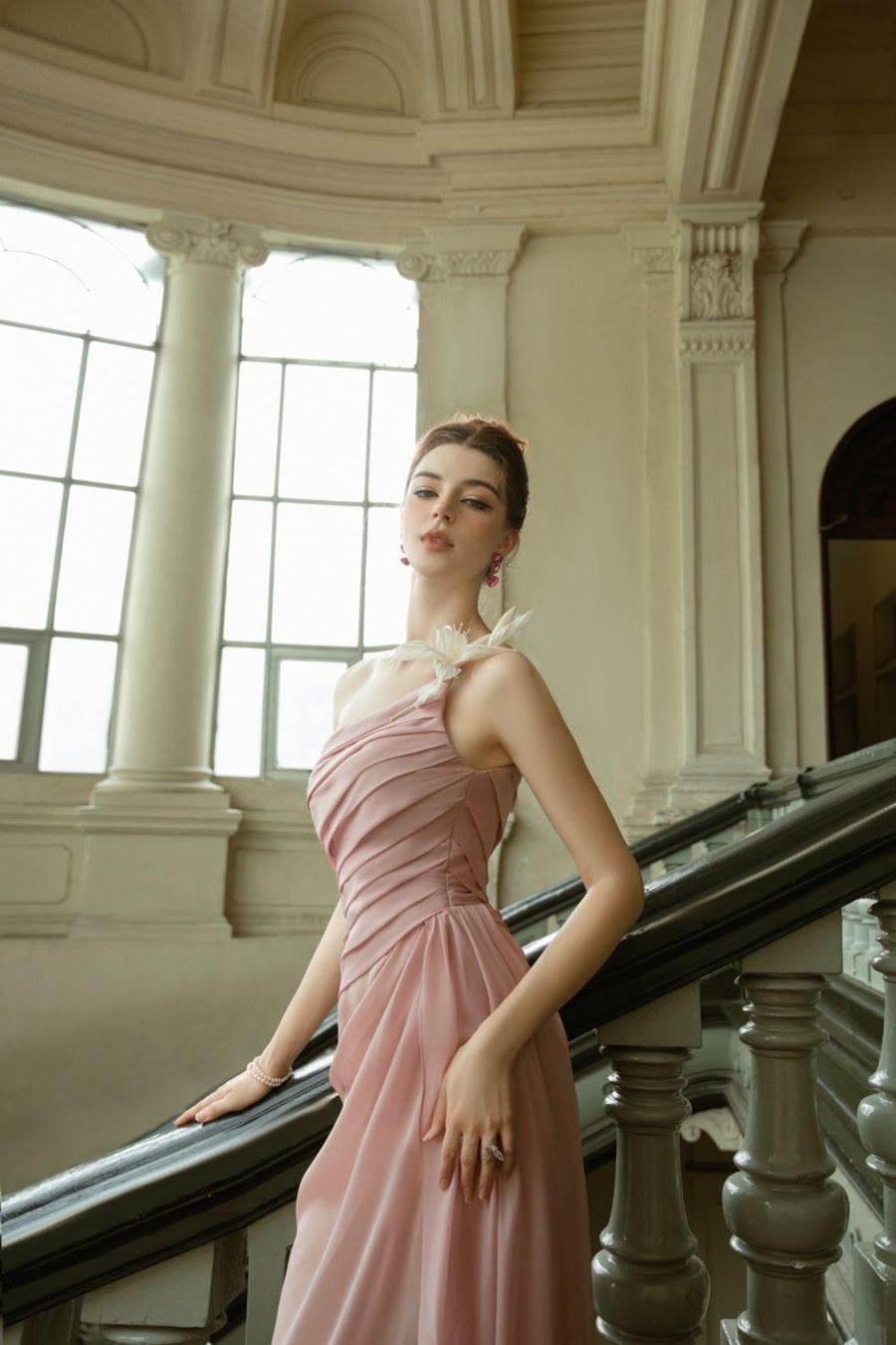 Vespera Slit One Shoulder Silk Calf Length Dress Midi Dress Calista de Minh Thanh