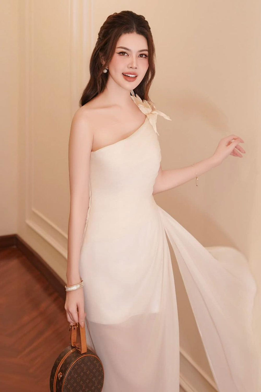 Vespera Slit One Shoulder Silk Calf Length Dress Midi Dress Calista de Minh Thanh