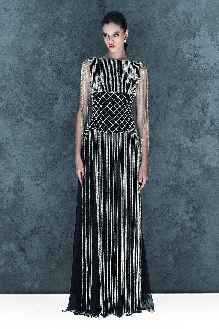 Vespertine Sheath Boat Neck Mesh Floor Length Dress Black Grey Gown Dress CEM