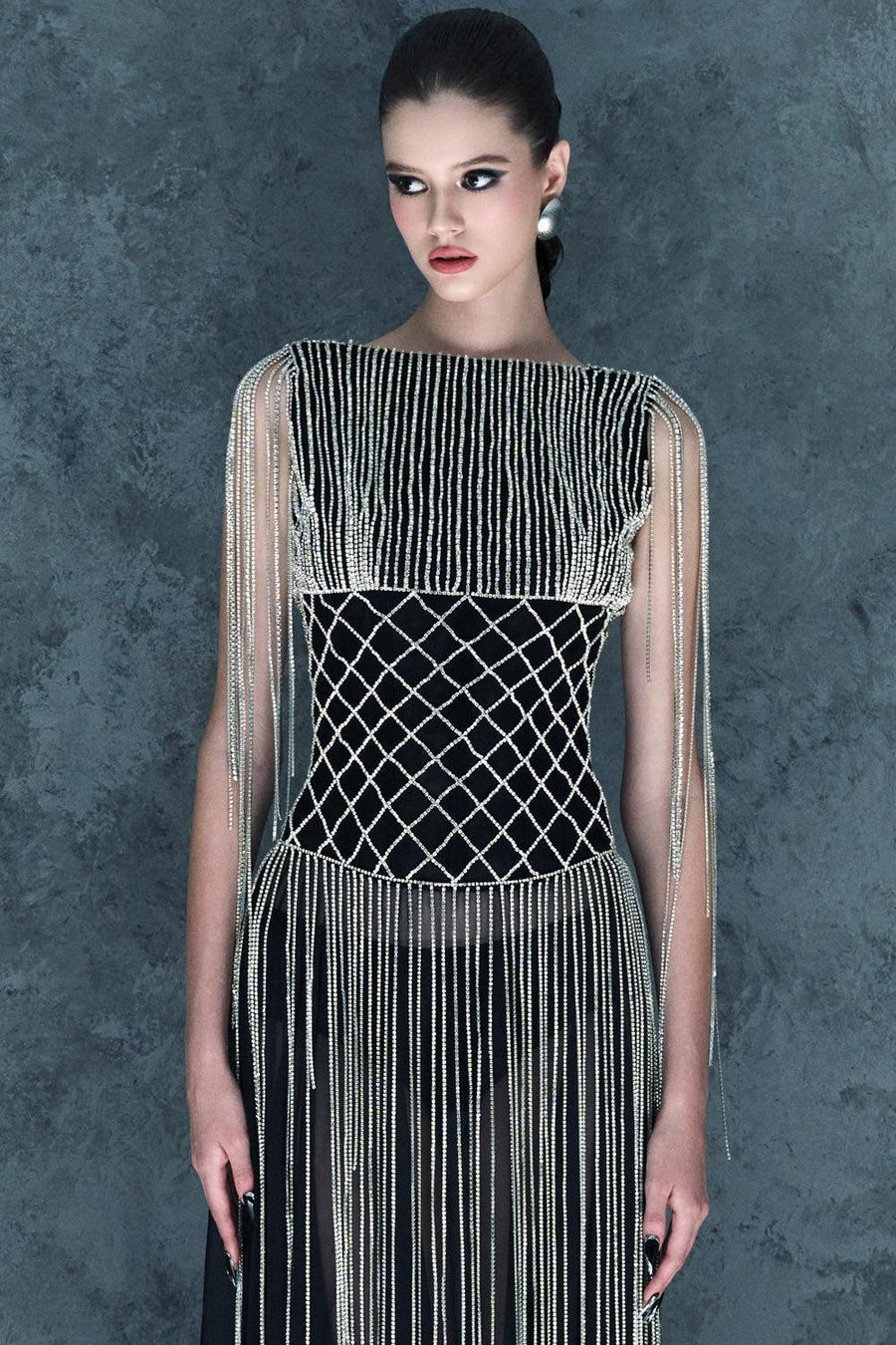 Vespertine Sheath Boat Neck Mesh Floor Length Dress Gown Dress CEM