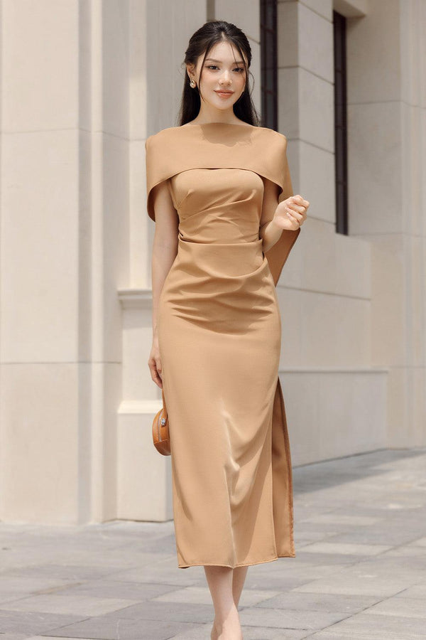 Vesta Sheath Side Slit Satin Midi Dress