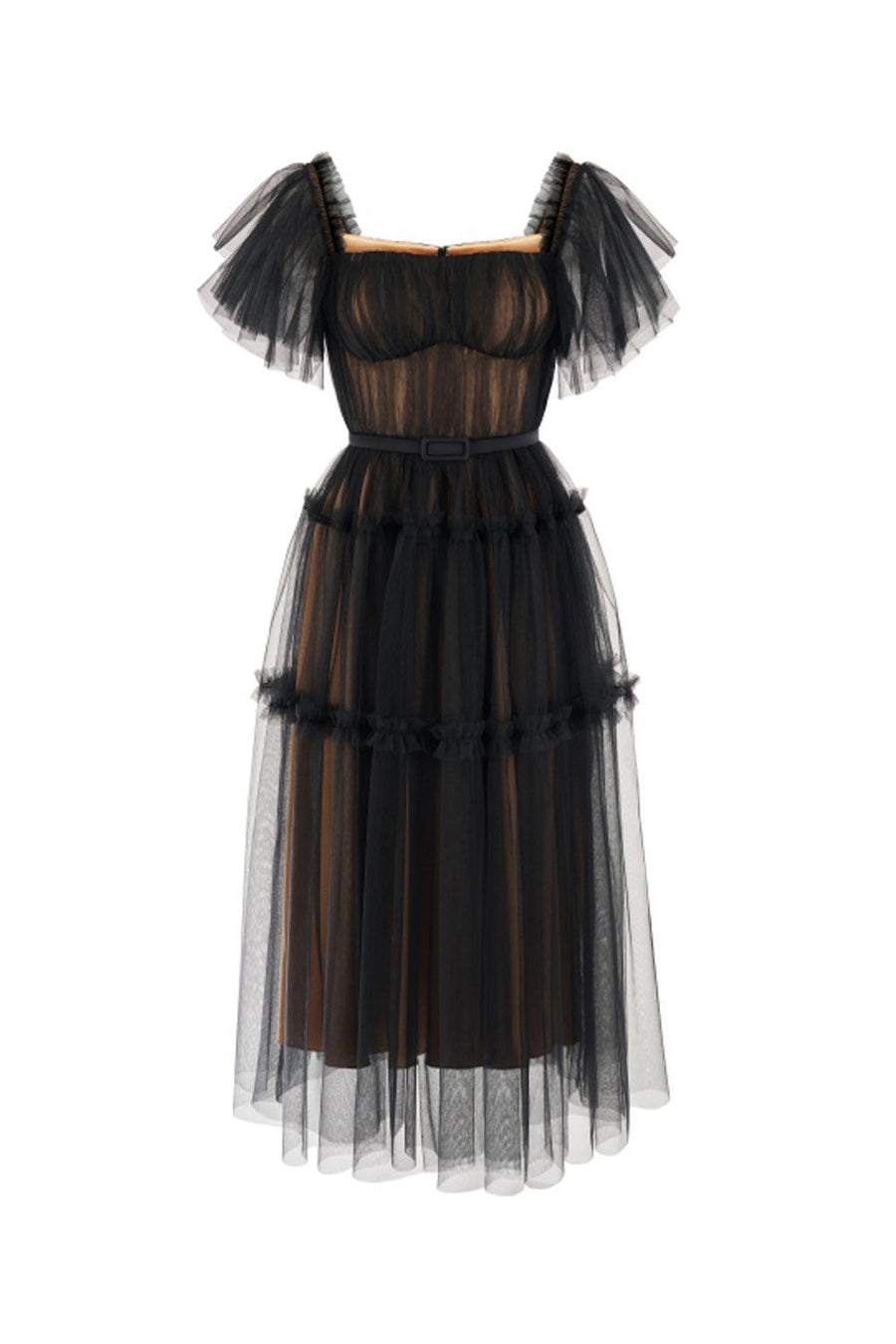 Viana Gathered Square Neck Tulle Midi Dress 1