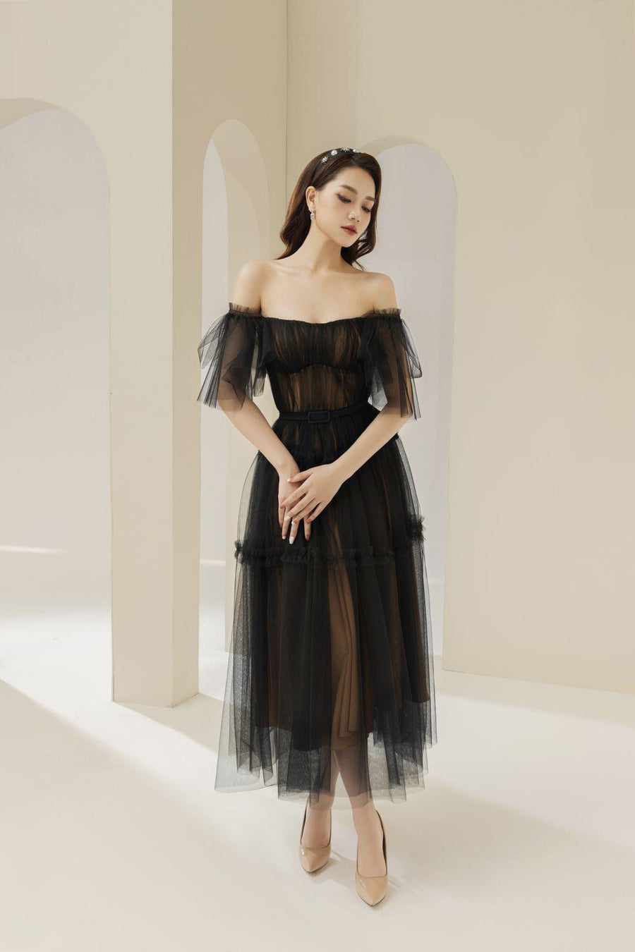 Viana Gathered Square Neck Tulle Midi Dress 10