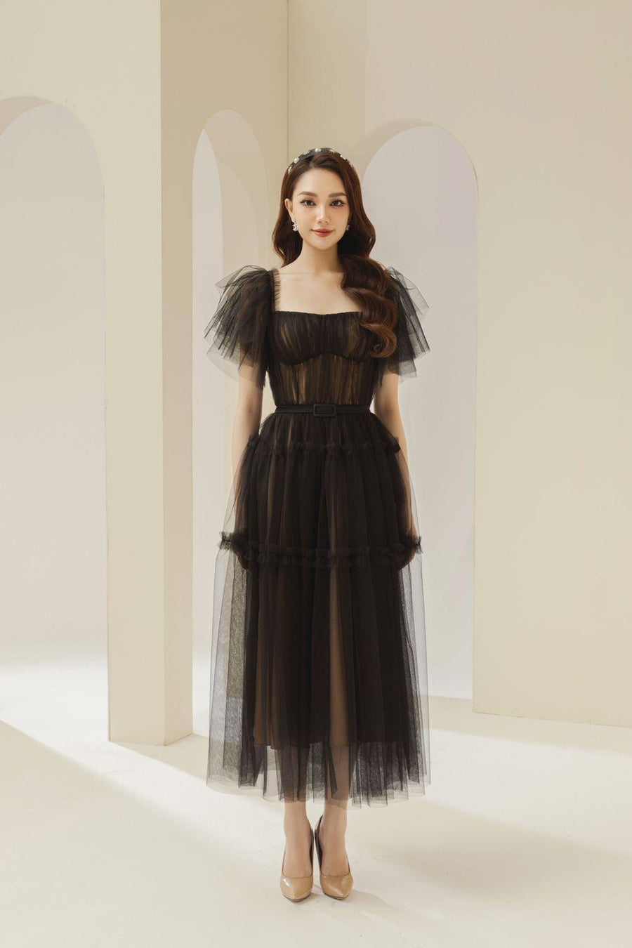 Viana Gathered Square Neck Tulle Midi Dress 11