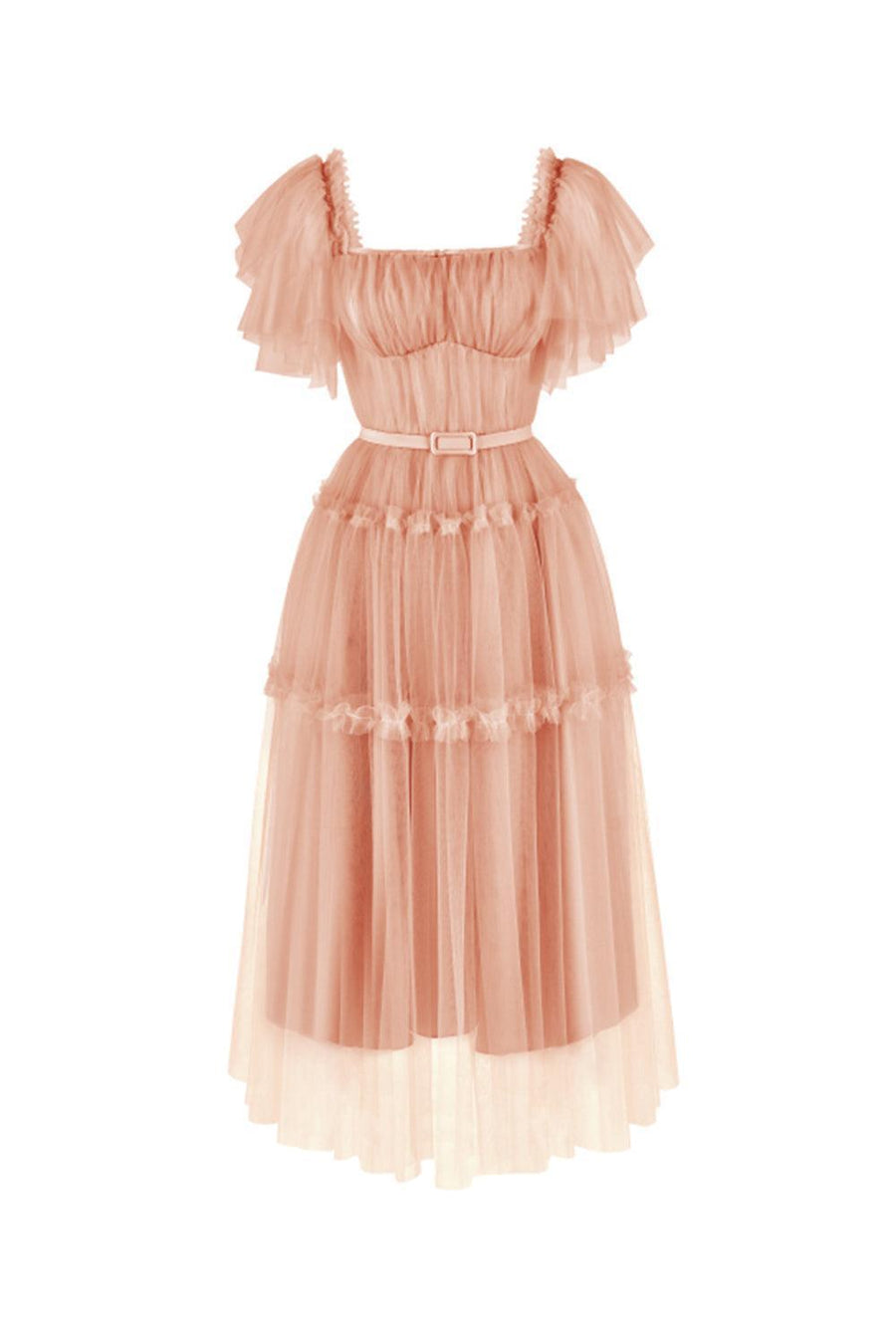 Viana Gathered Square Neck Tulle Midi Dress 12