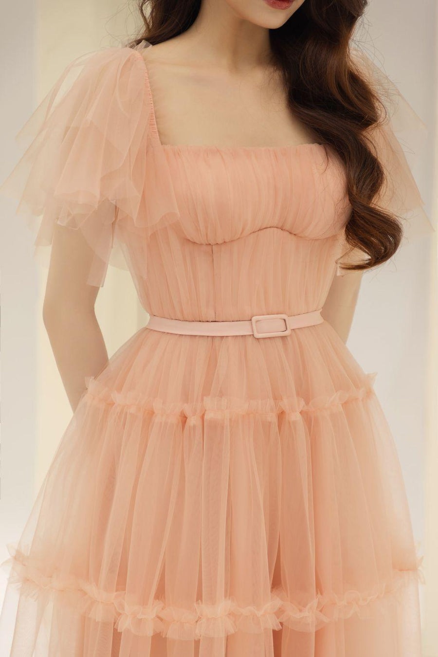 Viana Gathered Square Neck Tulle Midi Dress 13