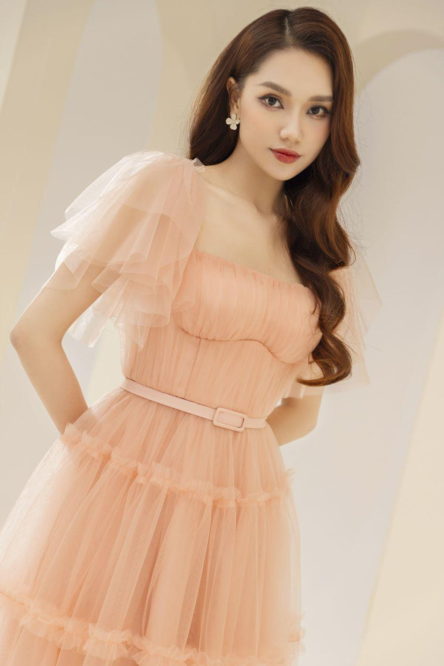 Viana Gathered Square Neck Tulle Midi Dress 15