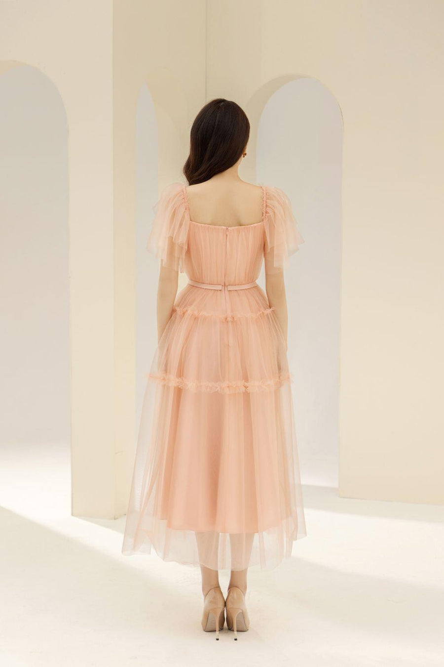 Viana Gathered Square Neck Tulle Midi Dress 17