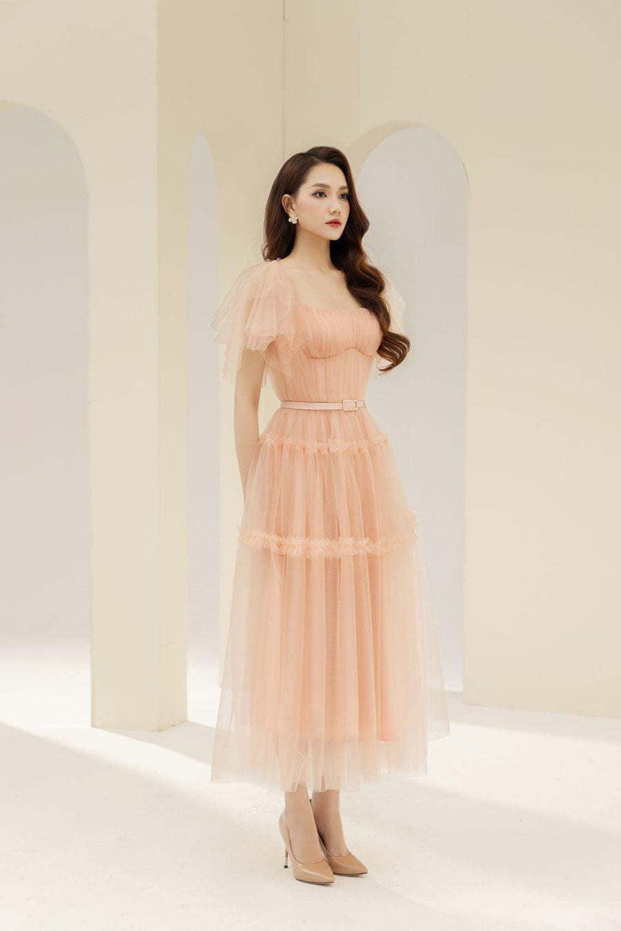 Viana Gathered Square Neck Tulle Midi Dress 18