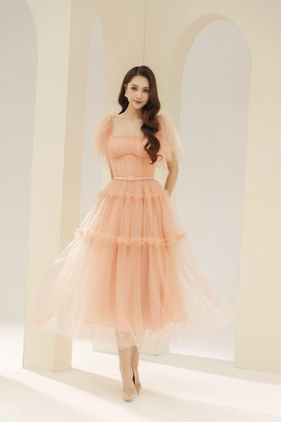 Viana Gathered Square Neck Tulle Midi Dress 19