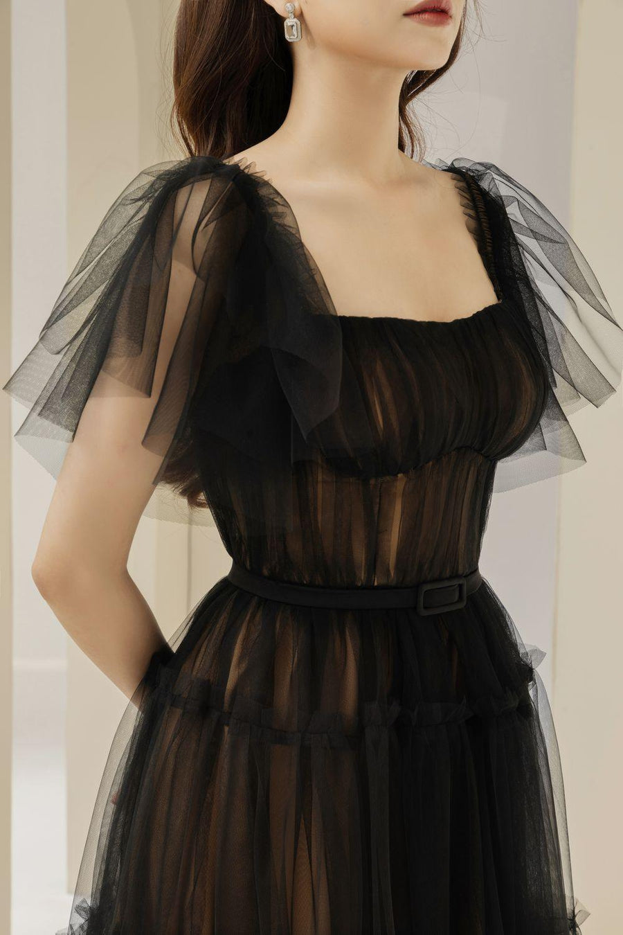 Viana Gathered Square Neck Tulle Midi Dress 2