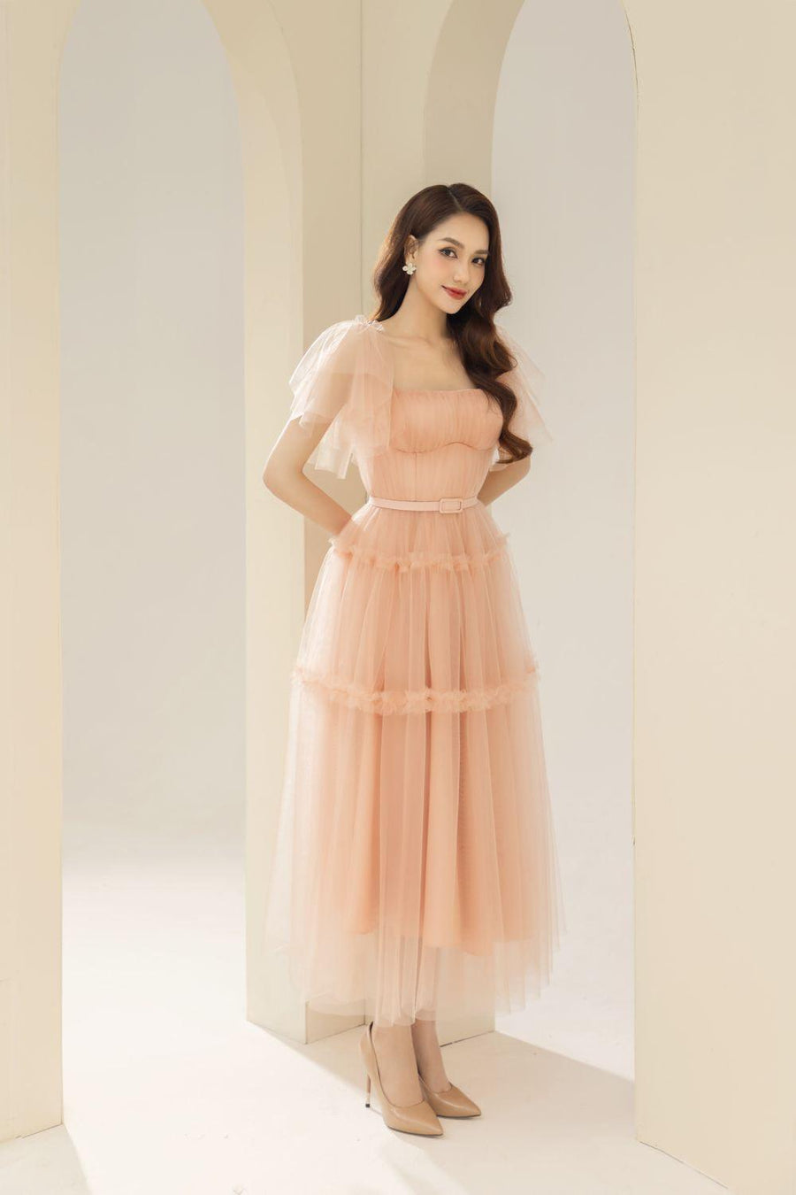 Viana Gathered Square Neck Tulle Midi Dress 20