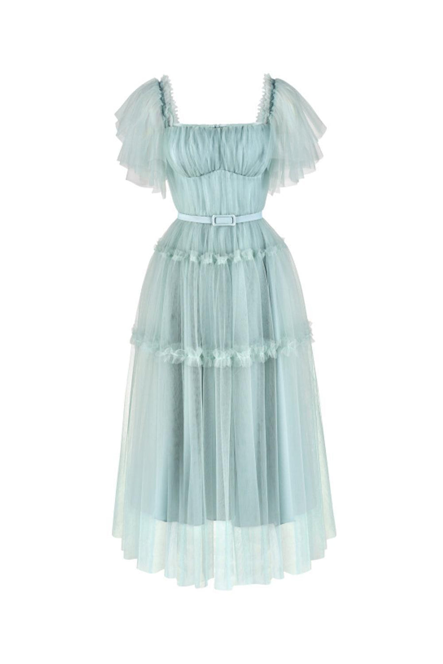Viana Gathered Square Neck Tulle Midi Dress 21