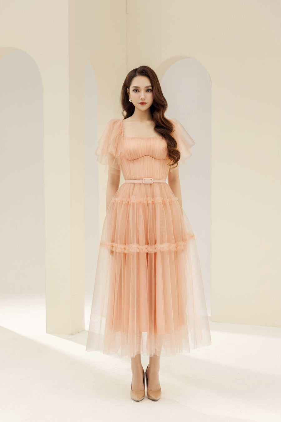 Viana Gathered Square Neck Tulle Midi Dress 22