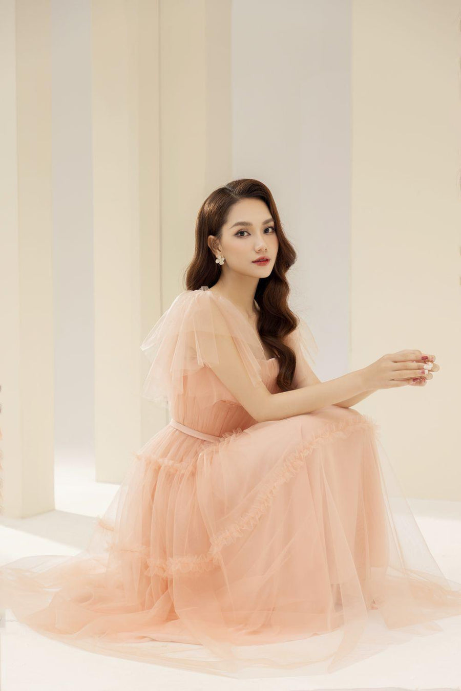 Viana Gathered Square Neck Tulle Midi Dress 24