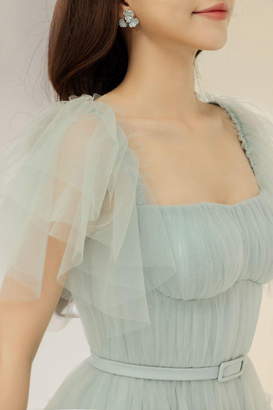 Viana Gathered Square Neck Tulle Midi Dress 25