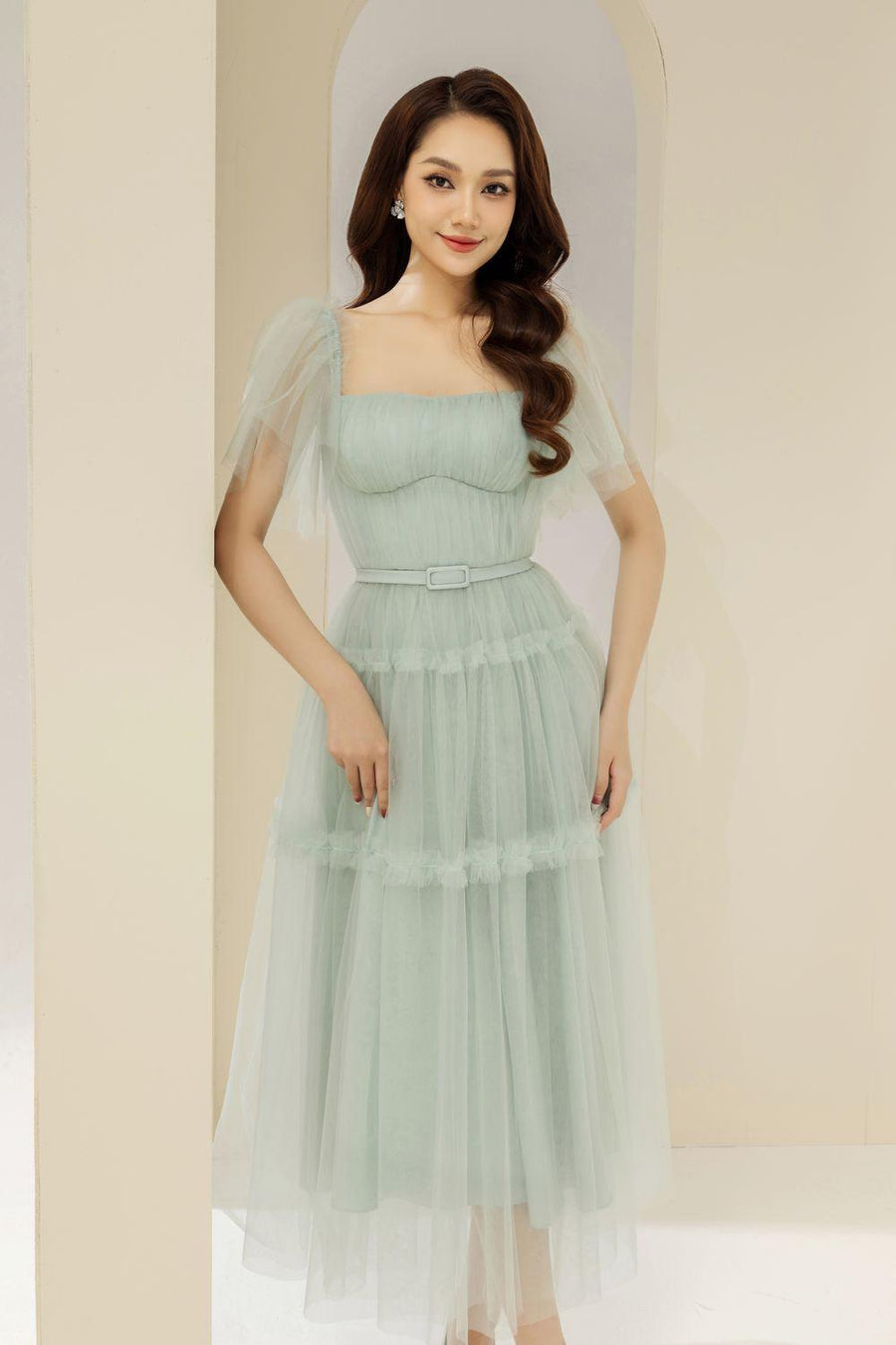 Viana Gathered Square Neck Tulle Midi Dress 27