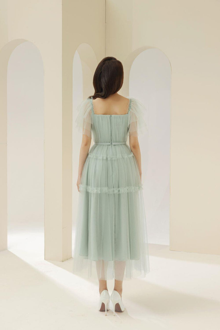 Viana Gathered Square Neck Tulle Midi Dress 28