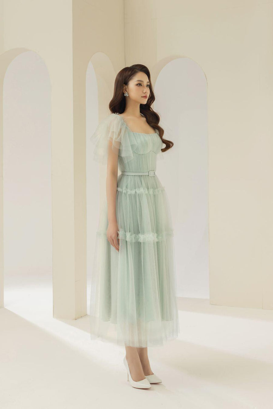 Viana Gathered Square Neck Tulle Midi Dress 29