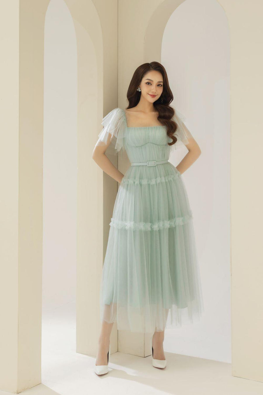 Viana Gathered Square Neck Tulle Midi Dress 30