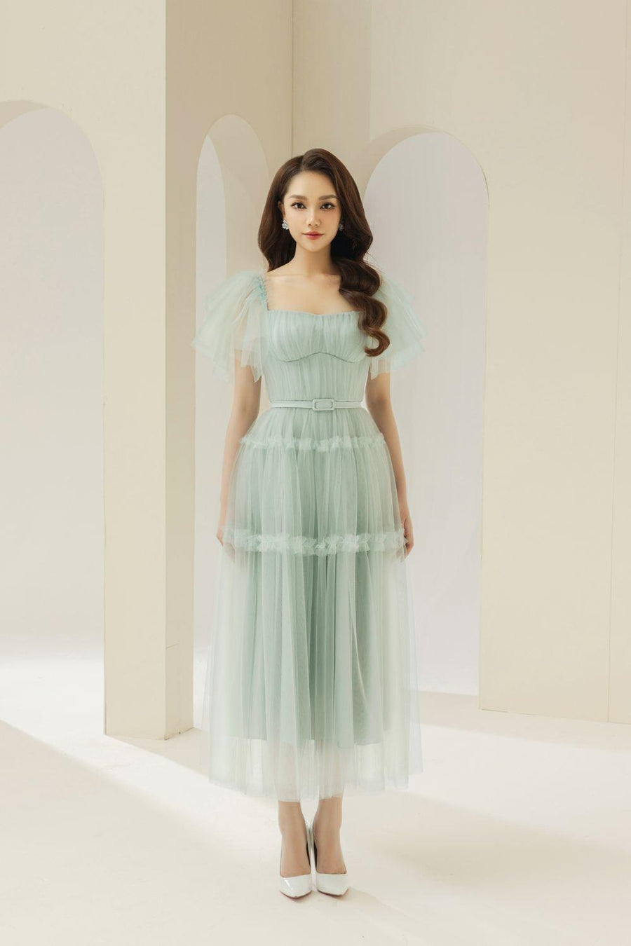 Viana Gathered Square Neck Tulle Midi Dress 31