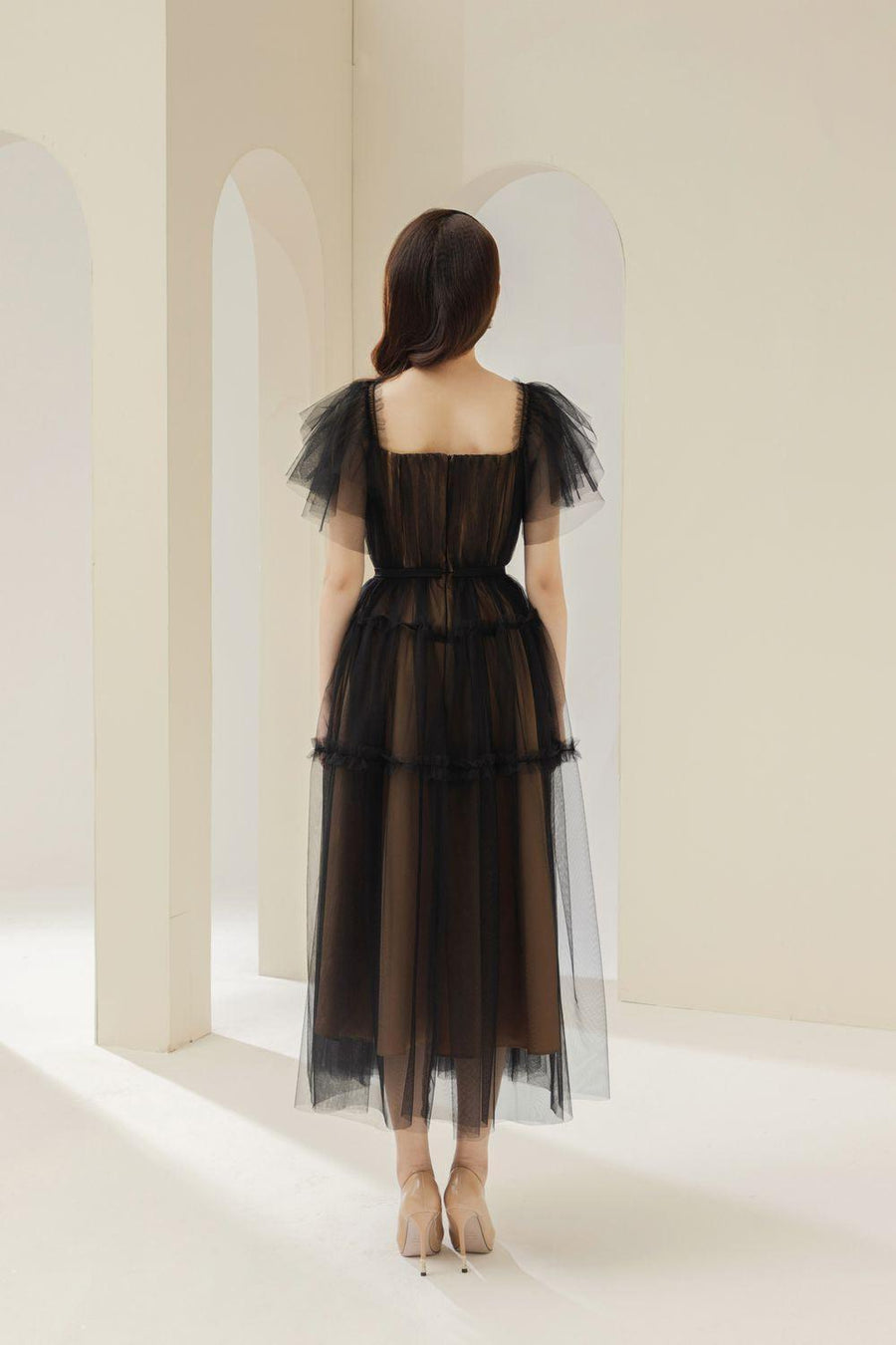 Viana Gathered Square Neck Tulle Midi Dress 5