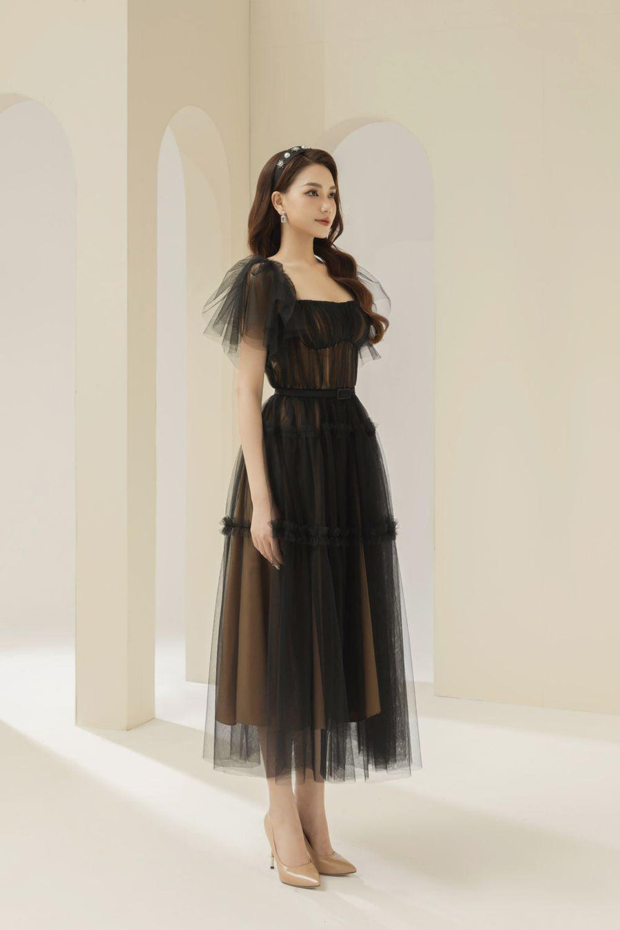 Viana Gathered Square Neck Tulle Midi Dress 6